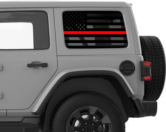 American Flag Red Line For Firefighters  Fits 2007-2024 Jeep Wrangler JK JKu JL JLu Hard Top - Laminated For Durability