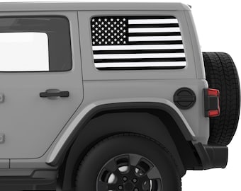 Black and White US Flag Quarter Window Decal Sticker-Fits 2007+ Jeep Wrangler & 2021+ Ford Bronco Hard Top