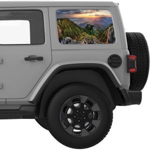 Fits Jeep Wrangler Window Sticker 2007+. Green Rocky Peaks Mountains Landscape Quarter Window Decal Sticker. Best Gift For Off Road Decal.
