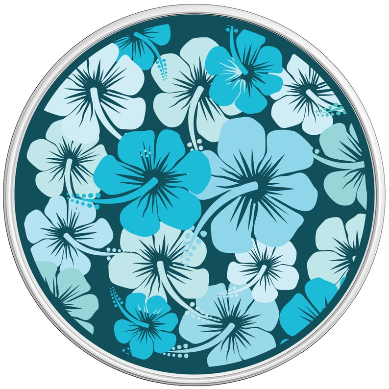 May include: A circular design featuring a teal background with a repeating pattern of blue and light blue hibiscus flowers.