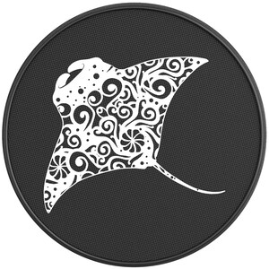 May include: A white mandala-style manta ray design on a black circular background.