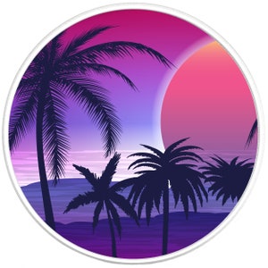 May include: A circular illustration of a sunset over a tropical beach with palm trees silhouetted against the pink and purple sky.