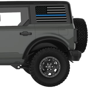 Fits Bronco Window Decal 2021+. Black, Gray With Blue Line American Flag Rear Window Decal Sticker. Best Gift For Off Road Decal-Made In Usa