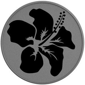 May include: A black hibiscus flower silhouette on a gray circular background with a textured pattern.