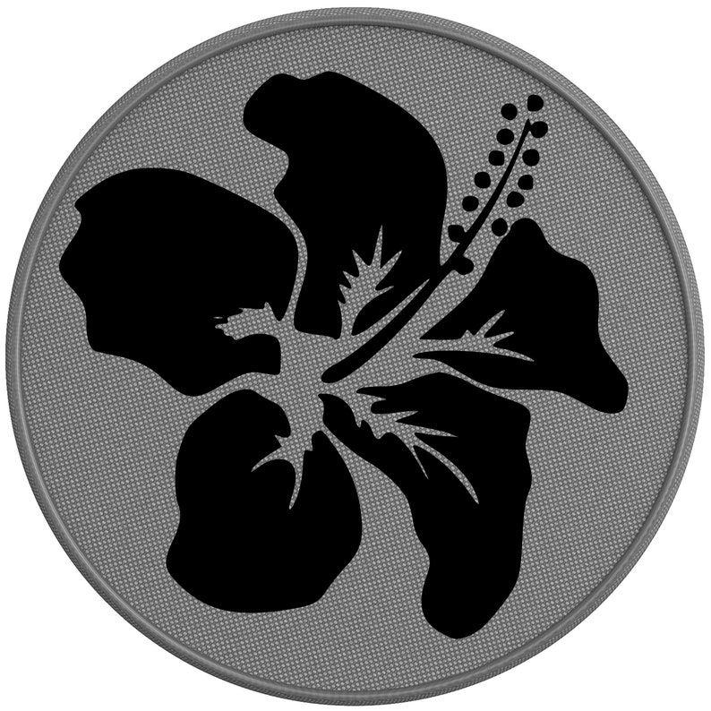 May include: A black hibiscus flower silhouette on a gray circular background with a textured pattern.