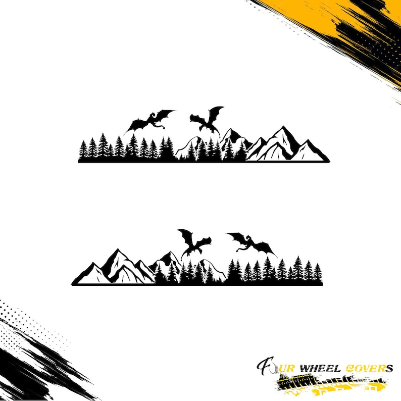 Puede incluir: Dise&ntilde;o en silueta en blanco y negro de dos dragones volando sobre una cordillera con &aacute;rboles en primer plano. El dise&ntilde;o es perfecto para calcoman&iacute;as de autom&oacute;viles u otros proyectos creativos.