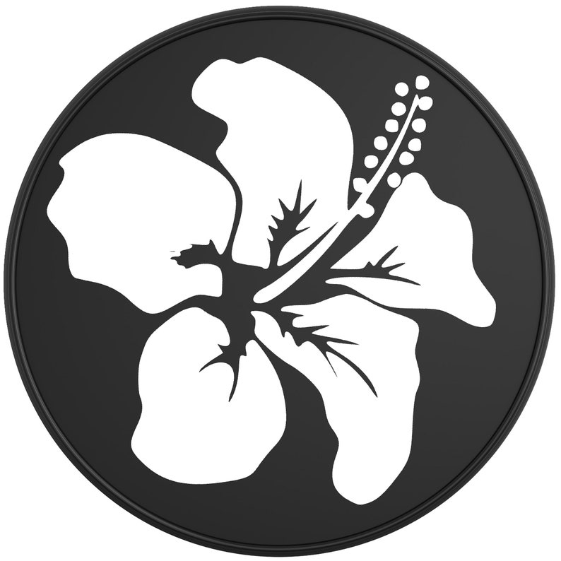 May include: A white hibiscus flower with a black outline on a black circular background.