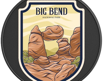 May include: A vintage-style illustrated patch with a yellow background featuring a rock formation in Big Bend National Park, Texas. The patch has a blue border and the text "BIG BEND NATIONAL PARK" in black.