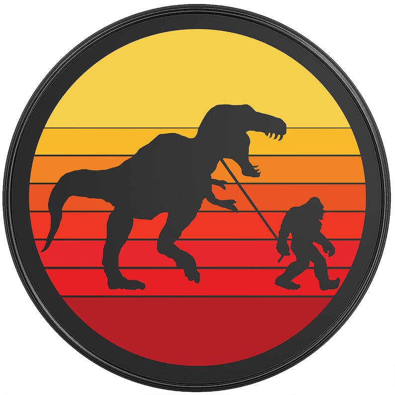 May include: A black and white silhouette of a Bigfoot walking a dinosaur on a leash against a sunset background with orange, red, and yellow stripes.