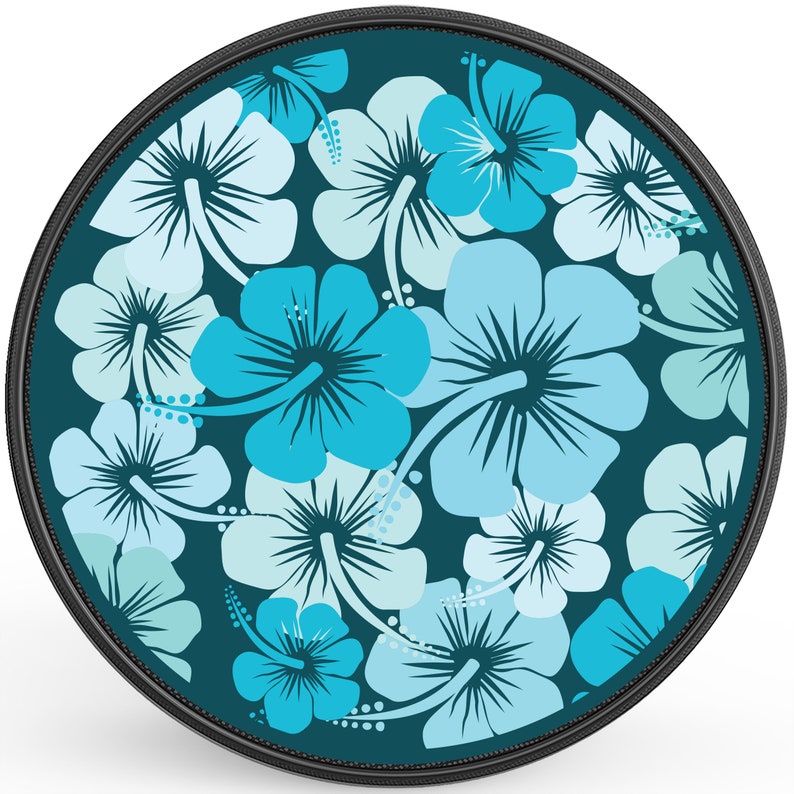 May include: A round, teal blue coaster with a repeating pattern of light blue and turquoise hibiscus flowers.