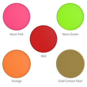 May include: Five round phone grips in different colors and patterns.  The colors are neon pink, neon green, red, orange, and gold carbon fiber.