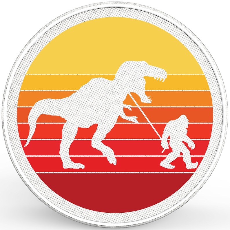 May include: A white silhouette of a dinosaur being walked on a leash by a Bigfoot, set against a retro sunset background with orange, red, and yellow stripes.