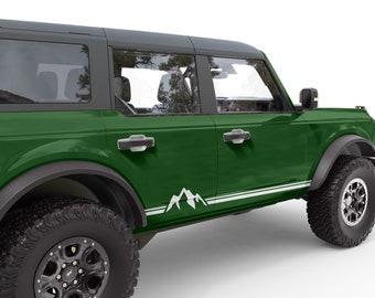 Fits Ford Bronco Decal 2021+. Side Stripe Mountains Door Decals. Off Road Decal. No Trimming Required. Made in USA. Overlaminate Option.