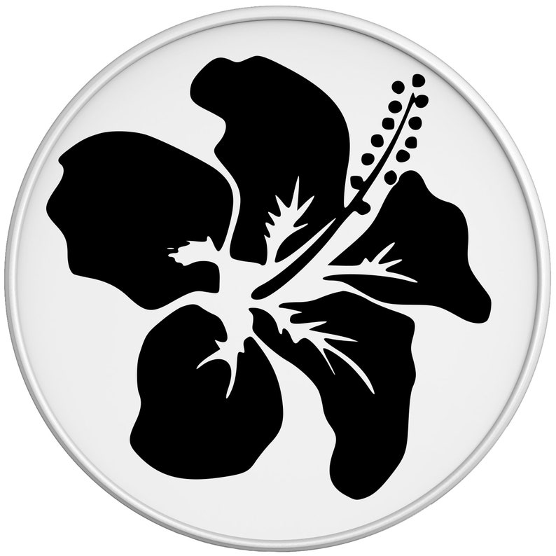 May include: Black and white silhouette of a hibiscus flower on a white background.