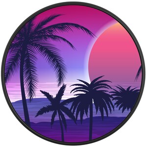May include: A round, framed illustration of a tropical sunset with palm trees silhouetted against a pink and purple gradient sky. The sun is a large, bright pink circle.