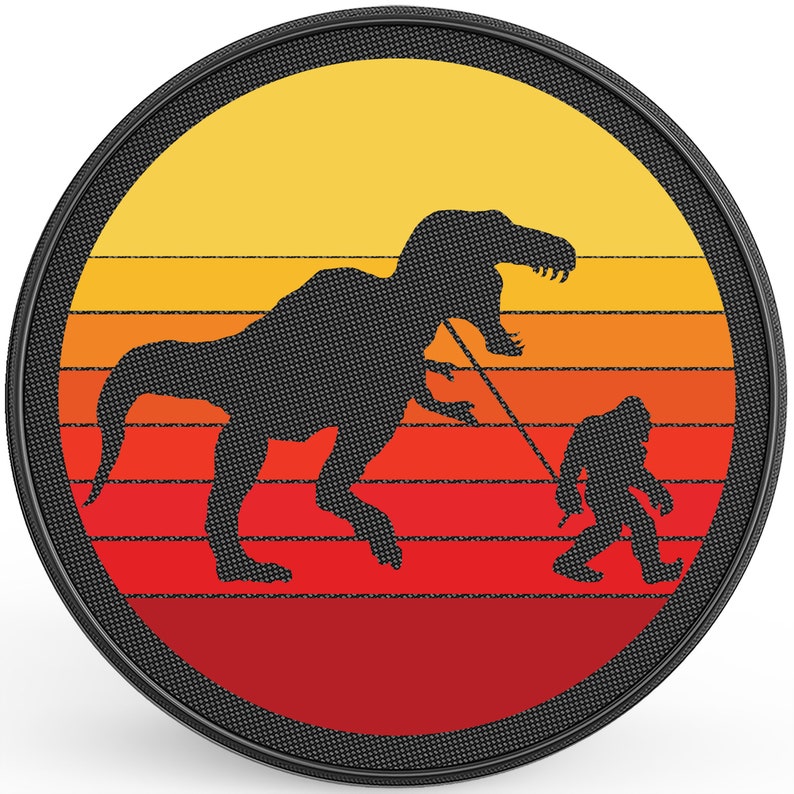 May include: A black and white silhouette of a dinosaur being walked on a leash by a Bigfoot. The image is set against a retro sunset background with orange, yellow, and red stripes.