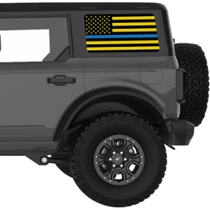 Fits Ford Bronco Decal 2021+. Black, Yellow With Blue Line American Flag Quarter Window Decal Sticker. Best Gift For Off Road Decal.