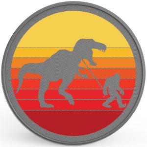 May include: A round, gray patch with a red, orange, and yellow sunset design. A silhouette of a dinosaur and a person walking in front of the sunset.