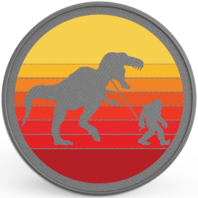 May include: A round, gray patch with a red, orange, and yellow sunset design. A silhouette of a dinosaur and a person walking in front of the sunset.