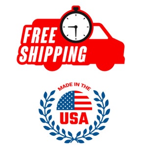 Puede incluir: Cami&oacute;n rojo con una esfera de reloj blanca y las palabras "FREE SHIPPING" en &eacute;l. Debajo del cami&oacute;n hay una corona azul con una bandera estadounidense roja, blanca y azul y las palabras "MADE IN THE USA".