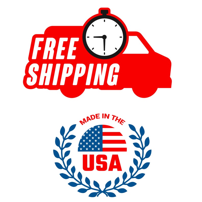Puede incluir: Cami&oacute;n rojo con una esfera de reloj blanca y las palabras "FREE SHIPPING" en &eacute;l. Debajo del cami&oacute;n hay una corona azul con una bandera estadounidense roja, blanca y azul y las palabras "MADE IN THE USA".