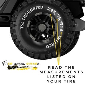 May include: Close-up of a black tire with white lettering that reads "TSL THORNBIRD 245/75/R16 INTERCO".