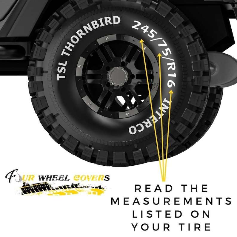 May include: Close-up of a black tire with white lettering that reads "TSL THORNBIRD 245/75/R16 INTERCO".