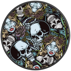 Skulls And Roses Spare Tire Cover-Made in USA-Fits Jeep Wrangler & Ford Bronco-Any Tire Size Up To 40&quot;
