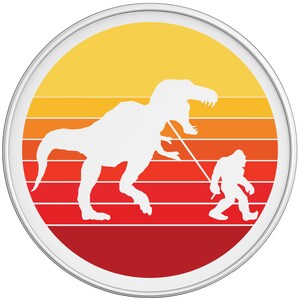 May include: A white silhouette of a Tyrannosaurus Rex walking with a Bigfoot on a leash in front of a retro sunset with orange, yellow, and red stripes.