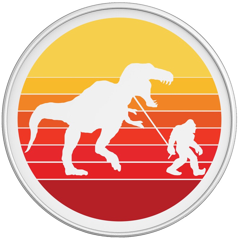 May include: A white silhouette of a Tyrannosaurus Rex walking with a Bigfoot on a leash in front of a retro sunset with orange, yellow, and red stripes.