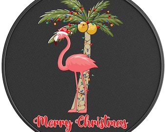 Flamingo Christmas Palm Spare Tire Cover-Made in USA-Fits Jeep Wrangler & Ford Bronco-Any Tire Size Up To 40"
