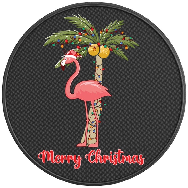 Flamingo Christmas Palm Spare Tire Cover-Made in USA-Fits Jeep Wrangler & Ford Bronco-Any Tire Size Up To 40"