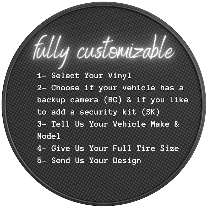 May include: Black and white image of a circle with the text "fully customizable" at the top. The text below lists five steps for customizing a vehicle: 1. Select Your Vinyl, 2. Choose if your vehicle has a backup camera (BC) & if you like to add a security kit (SK), 3. Tell Us Your Vehicle Make & Model, 4. Give Us Your Full Tire Size, 5. Send Us Your Design.