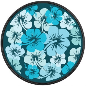 May include: A round, teal blue coaster with a pattern of light blue and turquoise hibiscus flowers.