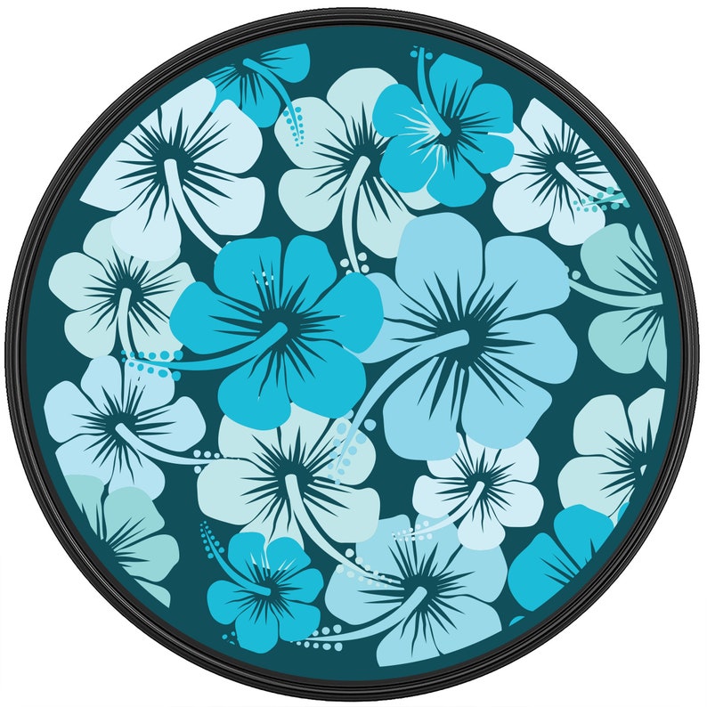 May include: A round, teal blue coaster with a pattern of light blue and turquoise hibiscus flowers.