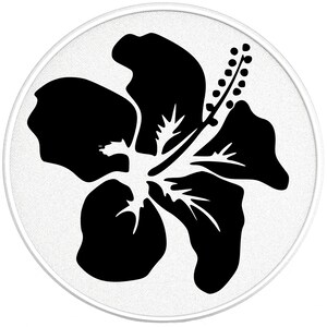 May include: A black silhouette of a hibiscus flower on a white background.