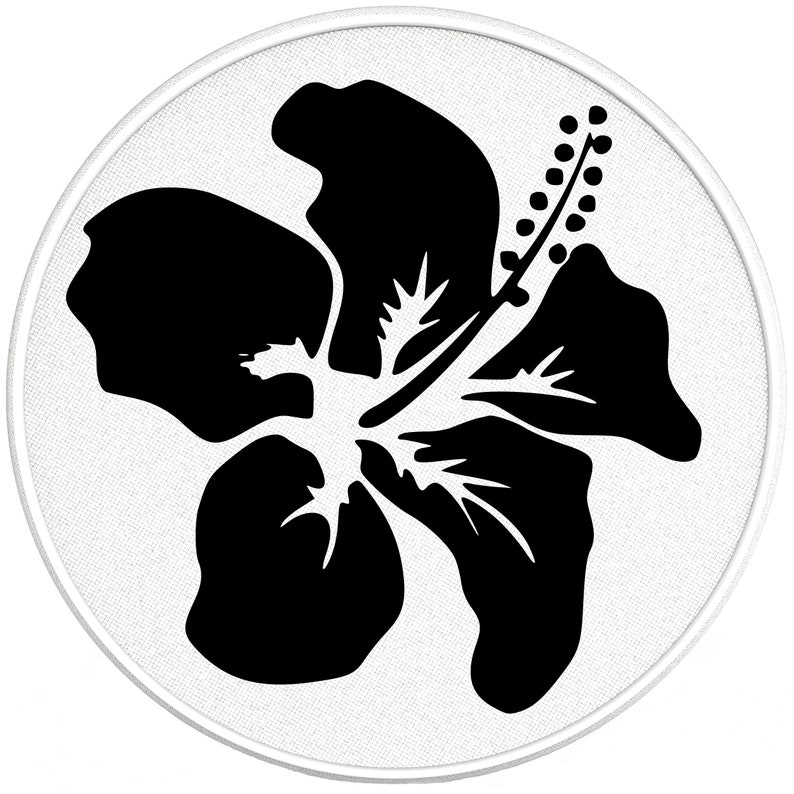 May include: A black silhouette of a hibiscus flower on a white background.