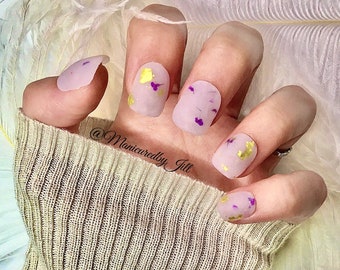 Milk bath press on nails | matte pink floral nails with gold and purple | handmade 20 piece acrylic set | made to order | spring nail design