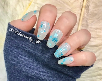 Milk bath nails | sheer white press on nails with blue flowers | bridal nails | made to order - choose your length and shape