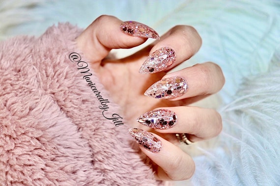 Matte Press on Nails Rose Gold Swarovski Rhinestones Accent Nails  Handcrafted Fake Nails Coffin Stiletto Almond Oval Round N088 