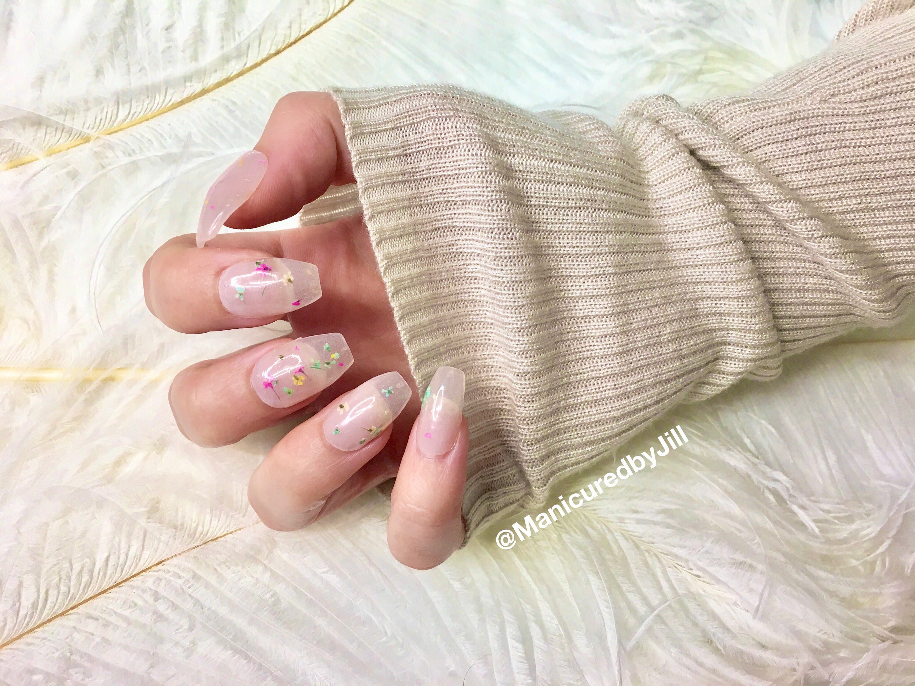 Milk bath nails | sheer pink flower nails | press on nails for women | made to order