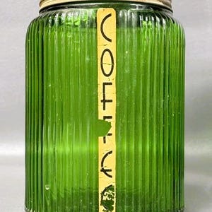 Owens-Illinois Green Ribbed Glass Vintage 1930s Coffee Canister