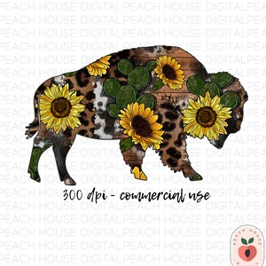 May include: A brown and black buffalo silhouette with a leopard print pattern. The buffalo is decorated with sunflowers and green cactus plants on a woodgrain background. The text "300 dpi - commercial use" is at the bottom of the image.