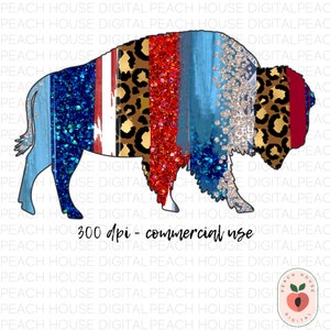 May include: A digital illustration of a buffalo silhouette with a red, white, and blue striped pattern, a leopard print pattern, and a blue glitter pattern. The image includes the text "300 dpi - commercial use".