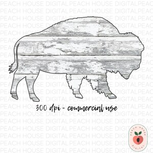 May include: A grayscale bison silhouette with a distressed wood grain texture fill. The outline is black, and the interior has a white and gray weathered wood appearance. Text at the bottom reads "300 dpi - commercial use."