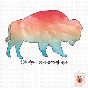 May include: A digital illustration of a buffalo silhouette with a watercolor background in shades of red, orange, yellow, and blue. The text "300 dpi - commercial use" is at the bottom of the image.