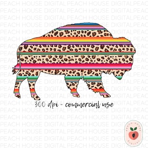 May include: A digital design of a buffalo silhouette with a leopard print and colorful stripes. The design is 300 dpi and for commercial use.