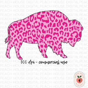May include: Pink buffalo silhouette with a pink and white leopard print pattern. The image includes the text "300 dpi - commercial use".
