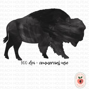May include: Black and white digital illustration of a buffalo silhouette. The buffalo is facing left and has a textured, brushstroke-like design. The text "300 dpi - commercial use" is visible at the bottom of the image.