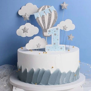 Baby’s 1st Birthday - Hot Air Balloon Clouds Stars Cake / Cupcake Topper - BLUE / Boy Unisex - First Birthday event toppers baby